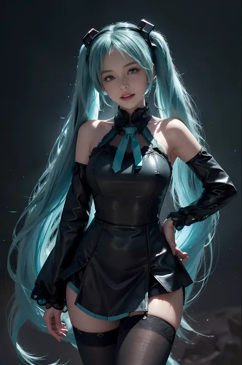 (((hatsune miku charakter))), (((tosca hair color))), ((long twin tail hair with pony)), looking at the view, eyes on the view, smile (big smile), (open mouth), (((full body photo))), 21 years old girl, perfect body, perfect anatomy, tosca eye color, doubl...