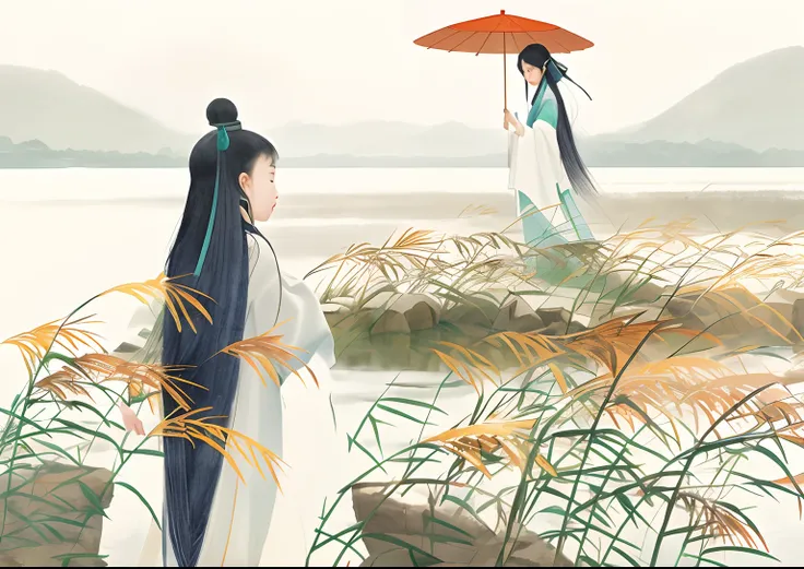 A boy and a girl stand in the water, Two people wear Han clothes，The girl on the right holds an umbrella, a beautiful artwork illustration, Palace ，serene illustration, Chinese style painting, Chinese painting style, inspired by Yun-Fei Ji, Inspired by Sek...