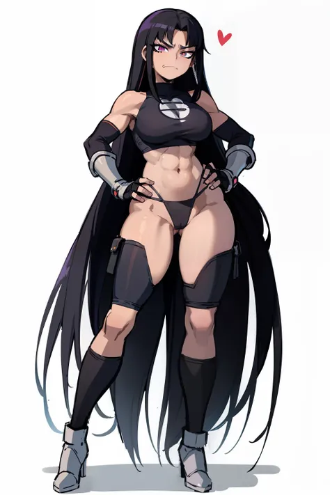 My Hero Academia Style, Anime Girl, Female, Trending on ArtStation Pixiv, (Full Body Shot: 0.5), Blackfire, Teen Titans, Wide Thighs, Medium breast, Wide Hips, Long Black Hair, Black Hair, Long Hair, Eyes Purple, NFSW, Underboob Sleeveless Black Top, Thong...