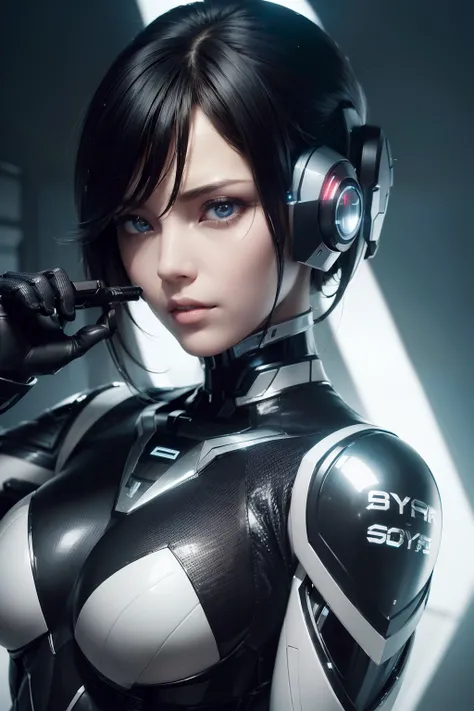 (((cybersoldier style aesthetic))) bust to waist ((half body)) ((beauty shape)) perfect skin, hyperrealistic masterpiece, in extremely complex & superdetailed black and white plugsuit, cinematic illumination: 8k, symmetrical eyes, realistic, sharp focus, H...