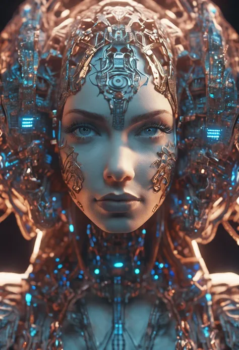 Beautiful young woman with intricate Art Nouveau design carved on her porcelain doll-like body. Embedded light-emitting cybernetic circuitry, Vibrant, realistic eyes looking at the camera. 50 millimeters, High contrast, Clean,vibrant, high resolution, Fron...