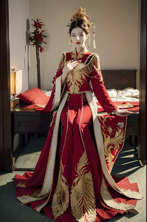 （Ultra-realistic 8K CG：1.2）,（Unbeatable masterpiece，Best quality at best：1.2）,Full body photo，are standing，A woman in a red and gold dress，Phoenix crown，hair stick，Be red in the face，is shy，black_Hair，（forehead dot），Chinese_clothes，耳Nipple Ring，Hair_decora...