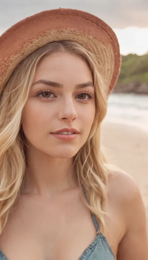 a lovely Extremely low angle full-length photo of a gorgeous young blonde girl in braids and bikini straw hat on the beach in sexy pose, looking at the camera with a mischievous smile, ao Fundo, uma praia, Beautiful face and naïve look, Sardas, uma Foto pr...