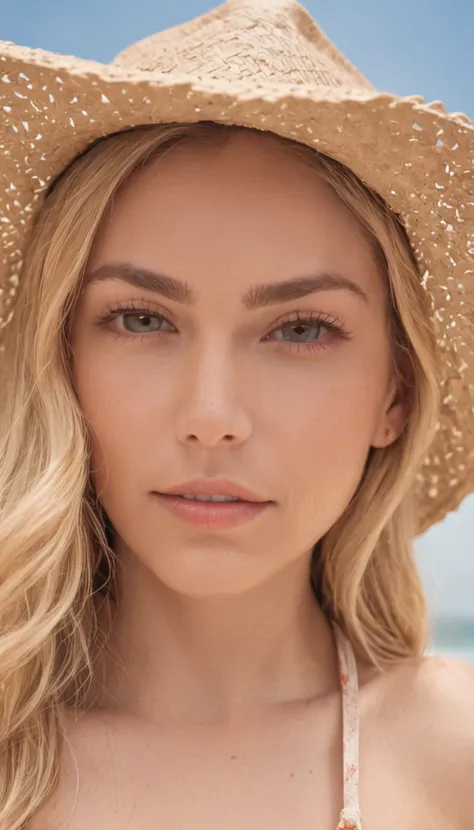 a lovely Extremely low angle full-length photo of a gorgeous young blonde girl in braids and bikini straw hat on the beach in sexy pose, looking at the camera with a mischievous smile, ao Fundo, uma praia, Beautiful face and naïve look, Sardas, uma Foto pr...