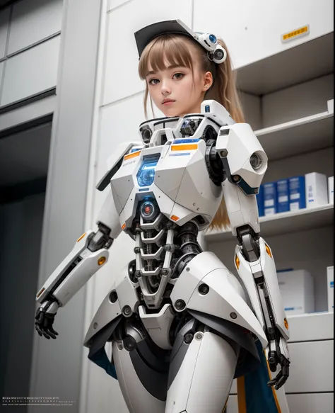 Best Quality, photograph, 1girl in, (Frivolous scientist), Manteau blanc, mechs, complex robot, biomechanical, Robotics Laboratory, Very detailed, Convoluted, Fine details, Ultra Sharp Focus Kinaptic Tegea, Sony Alpha a9 II, Photo shoot by popular science