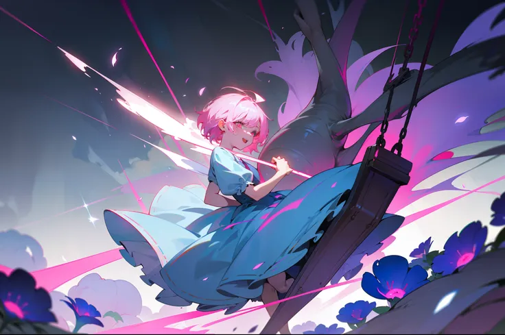 pink short hair，There is a little gray on the hair，teens girl，Flower elements，red color eyes，Sick properties，Evil laughter，blue-white dress，In the background is a sea of flowers with a tree，There are swings，Purple flames wafted from the flowers，4K，dingdall...