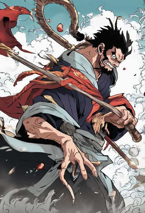 Wu kong (one piece), homem orangotango , com entorno de seus 17 anos, espadachim, pelos preto segurando uma Katana , one-piece art Detailed anime character art, arte chave detalhada do anime, arte de anime digital detalhada, Close-up de corpo inteiro, arte...