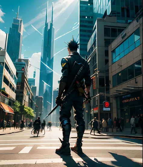 Futuristic boy with sword Standing on the street flanked by towering futuristic city buildings with obvious backs and shadows of light and shadow There are huge monsters in the sky in the distance