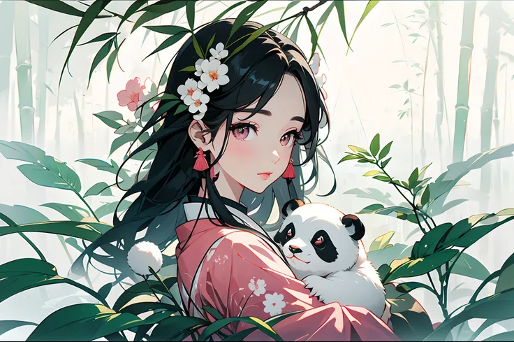 white backgrounid，Under bamboo leaves, The panda sits on a branch，（bit girl：1.5，Above the shoulder），Pink and white clothes，facial closeups，big beatiful eyes，detailed face with，Flashy clothes，Ethereal panda，(Chinese Panda)，Dreamy，Onmyoji detailed art，A beau...