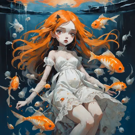 girl floating, golden fish around she, orange, Doll. white lace dress, In the style of Adrian Ghenie, Esao Andrews, Jenny Saville, Edward Hopper, surrealism, Dark Art par James Jean, Takato Yamamoto, Minimalisme inkpunk. Dans le style Tim Burton. Dans le s...