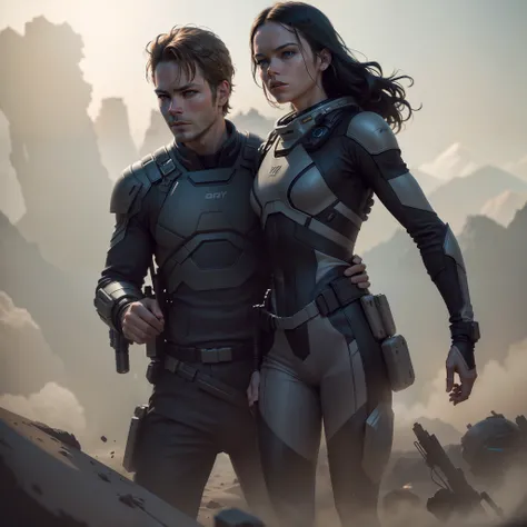 a close up action shot of epic Sci fi Chris Pine and Hot Daisy Ridley adventure , Detailed clothing details, Liquid effect, space, Interstellar battlefield photography, natural light, photorealism, cinematic rendering, ray tracing, the highest quality, the...