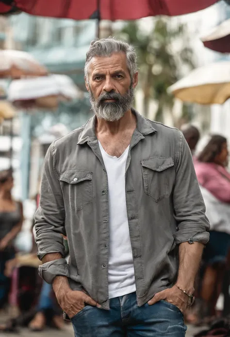 Retrato de um homem de 40 anos, magro, bearded and with gray hair and serious expression, with an air of experience. highes definition. Homem grego antigo