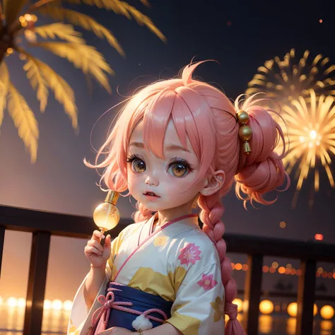 Cute Baby Chibi Anime,Yellow braid hair,white, Pink and blue kimono, Ras Al Khaimah New Years Eve fireworks display