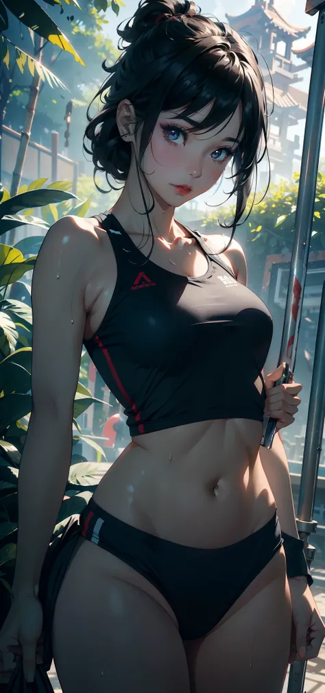 1female，3 years old，Small loli，bit girl，smallunderboob，Pornographic exposure， 独奏，（Background with：bamboo forrest，basketball playground） She has very short black hair，standing on your feet，Sweat profusely，drenched all over the body，seen from the front， hair...