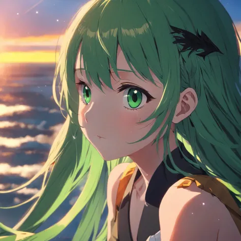 tmasterpiece，best qualtiy，cinematic Film still from，1girl，Solon，Green hair，closeup cleavage，brightly，cheerfulness，Warm and soft lighting，the sunset，spark of light：0.7。