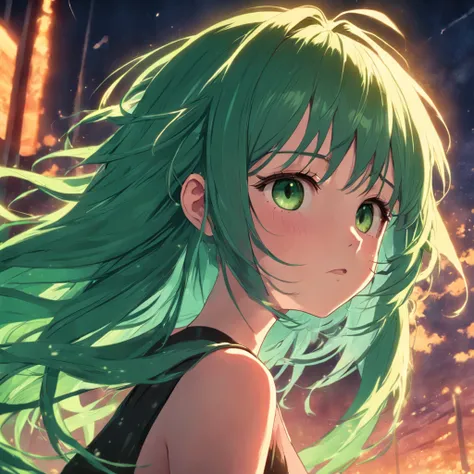 tmasterpiece，best qualtiy，cinematic Film still from，1girl，Solon，Green hair，closeup cleavage，brightly，cheerfulness，Warm and soft lighting，the sunset，spark of light：0.7。