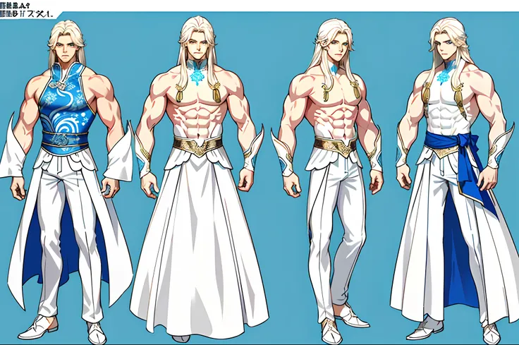 ((masterpiece)),(((best quality))),((character design sheet,same character,front,side,back)),illustration,1 male,long white hair, perfect eyes,beautiful eyes,environment Scene change, abs, ice fantasy outfit, pose too, male long white hair,  1boy, single, ...