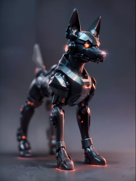 (Blind box toy style:1.3),((Full body shot)),(anthropomorphism),(1 strong dog warrior，solo）(((solo))),opaque mask，transparent plastic mecha,dreamy glow, cyberpunk style，Clean black background,black style，(circular base）( Global illumination, Ray tracing, h...