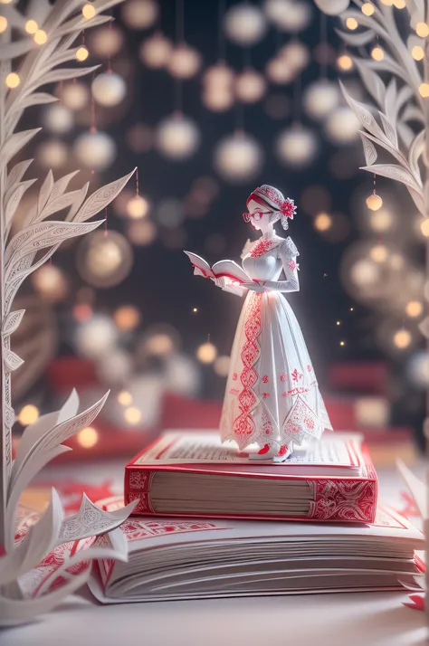 1 Female teacher in a white dress，Holding a book with glasses，Surrounded by garlands，paper cut out，fundo vermelho，(Paper carving:1.5),Tilt-Shift, Dreamy,red colour，white colors， ( reasonable design, Clear lines, High sharpness,Best quality, Very detailed, ...