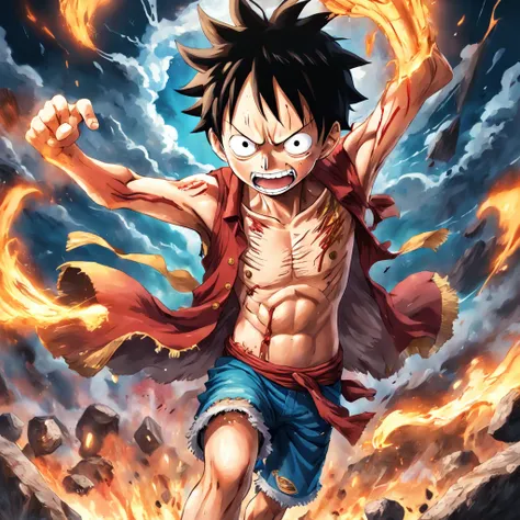 luffy，In a doomsday background，A fierce-eyed，damaged clothes。