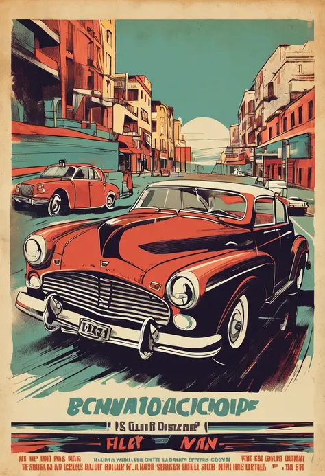 Illustration of an old USSR car featured in a vintage Rolling Stones magazine poster.