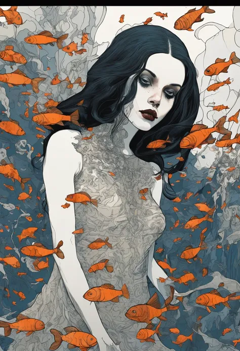 kristen stwart look alike, deep dark blue hair, girl floating, golden fish around she, orange, Doll. white lace dress, In the style of Adrian Ghenie, Esao Andrews, Jenny Saville, Edward Hopper, surrealism, Dark Art par James Jean, Takato Yamamoto, Minimali...