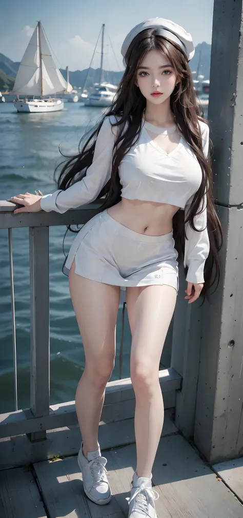 Photorealistic, high resolution, 1 Women, Solo, Beautiful eyes, view the viewer, Close lips, Detailed face,，long whitr hair, Big breasts Thin waist，long leges，Raised sexy，The kinky is exposed，Sailors cap，Big high school girl（Wearing：Sailor uniform，white  p...