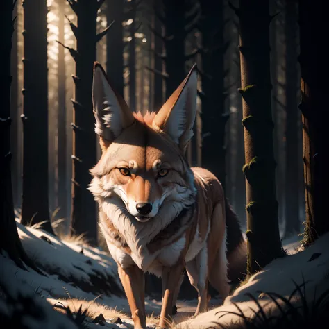 coyote，ln the forest，dark light