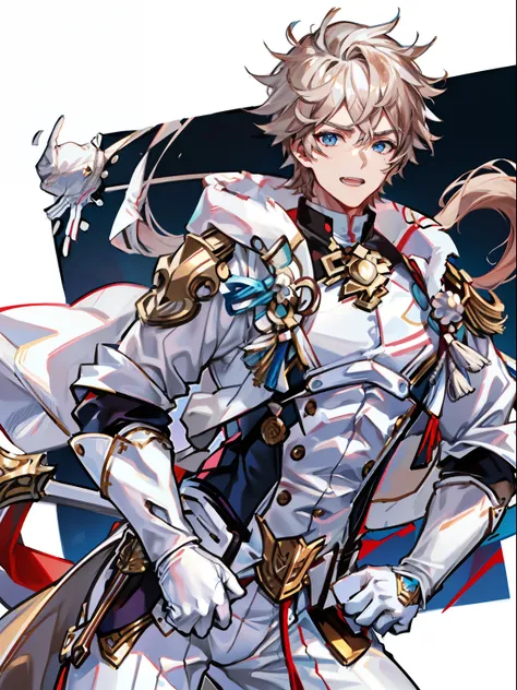 tmasterpiece，Best quality at best,(solo person)，（Genshin Impact），mitts，Bulging muscles，(white business suit，white  panties，tiese）Bulging of the pectoral muscles，White gloves，Abs，malefocus，1boy，White gloves，独奏，Brown hair，Blue eyes，blue capelet，hair between ...