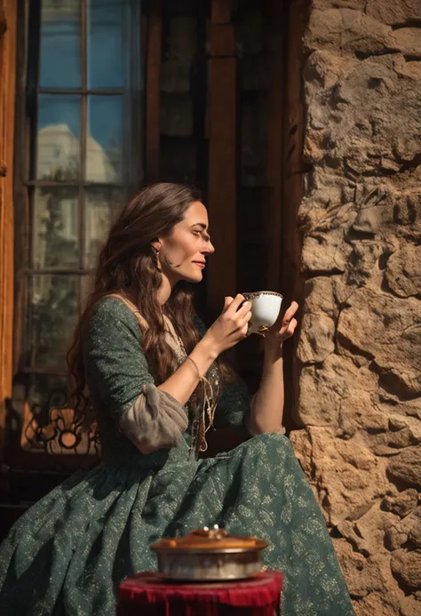 Uma foto de uma chefe inspiradora，A young woman drinking medieval-style coffee，great view，It portrays self-confidence.