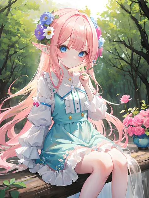 anime girl sitting on a bench with flowers in her hair, cute anime waifu in a nice dress, loli in dress, elf girl wearing an flower suit, pink twintail hair and cyan eyes, cute anime girl, pretty anime girl, beautiful anime girl, trending on artstation pix...