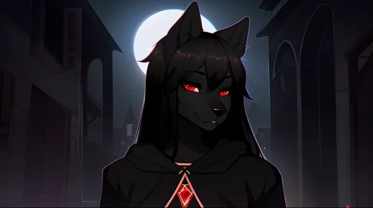 By claweddrip, by hyattlen, by fumiko, a cute female all black wolf, long black hair, black_furry_body:1.2, luminescent red eyes, fluffy black ears, black wolf tail, tall, good anatomy, highly detailed, cute snout, highly detailed, clearly drawn eyes,  wea...