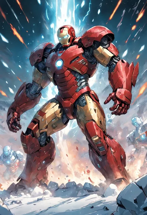 Iron Man battles an army of robots on a snowy battlefield, full bodyesbian, far, AB JLEE3, Complex facial details for all characters, Expressive eyes and nose and mouth, unzoom, author：Jim Lee Right Section Centered, Key, Visual, Complex, Highly Detailed, ...