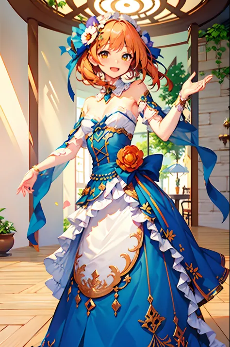 Masterpiece, best quality, felich lily, blue dress, smile, blush, (close up face), upper body, portrait, cafe terrace, day, yellow eyes, 1girl, solo, open mouth, looking at viewer, flat chest, dynamic angle, dynamic pose