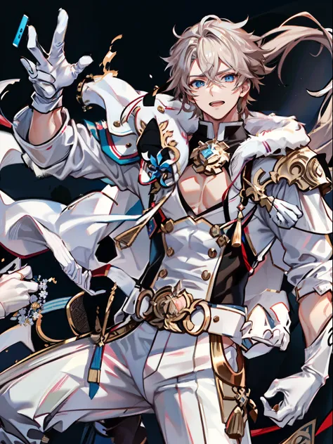 tmasterpiece，Best quality at best,(solo person)，（Genshin Impact），mitts，Bulging muscles，(white business suit，white  panties，tiese）Bulging of the pectoral muscles，White gloves，Abs，malefocus，1boy，White gloves，独奏，Brown hair，Blue eyes，blue capelet，hair between ...