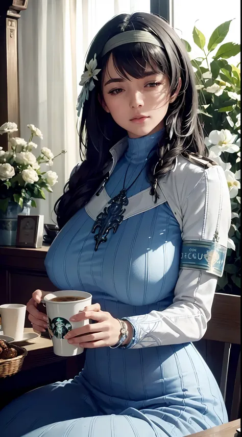 (((beautiful))),mary,blue sweater, white jacket, cropped jacket, long sleeves, open clothes, ribbed sweater, armband, huge breasts,(((shiny skin))), ((intricate details)), hdr, ((intricate details, hyperdetailed)), cinematic shot, sitting in cafe , drinkin...