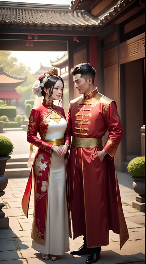 （Best quality: 1.1), (Realistic: 1.1), (Wedding: 1.1), (highly details: 1.1), （Two people get married），（A woman wearing a red and gold cheongsam and a golden crown）, （ A man wearing ancient Chinese Han clothes）, （Look at each other happily），In the garden v...