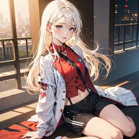 1 Girl, Solo, Displacement, Clear Raincoat, White Hair, Red Eyes, (Southern Half Chest: 1.3), Southern Hemisphere, Open Clothes, Bare Belly Navel, City, Red Vest, White Jacket, Black Shorts, Beautiful, Soft Light, Hand Rubbing Chest, Suspenders, Studies, B...