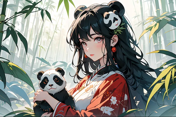 white backgrounid，Under bamboo leaves, (The panda sits on branches on either side)，（Middle 1 little girl：1.5，The upper part of the body，facing to audience），Pink and white clothes，facial closeups，big beatiful eyes，detailed face with，Flashy clothes，Ethereal ...