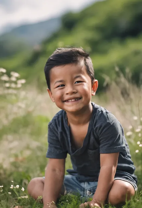 There was a little boy sitting on the grass，ssmile, mid shot portrait,, Boy with neutral face www.haiyiai.com/ac84cf52-a283-4a6a-b47d-bc3929b91bce