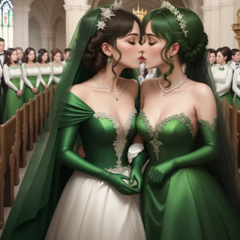 hight resolution、ultra-detailliert、2 girls, Two women kissing in church, Green Satin Long Gloves, Green Wedding Dresses, Green shorthair, lipsticks, the kiss, bride, Green Pearl Necklace, Green Bride, lesbian、kiss mouth to mouth, High quality film stills, ...