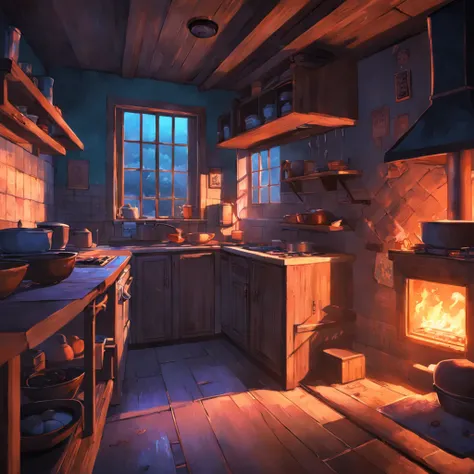 Equidistant rendering of game art inside the kitchen of a horror village house at dusk