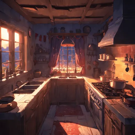 Equidistant rendering of game art inside the kitchen of a horror village house at dusk