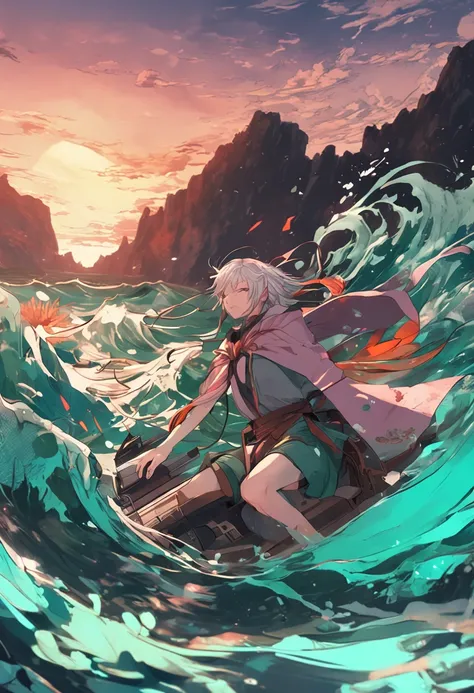 Anime characters with waves in green and black water scene, concept-art： Artgerm and Atey Ghailan, Detailed digital anime art, Anime epic artwork, Epic anime style, Anime fantasy illustration, Anime art wallpaper 8 K, Digital anime art