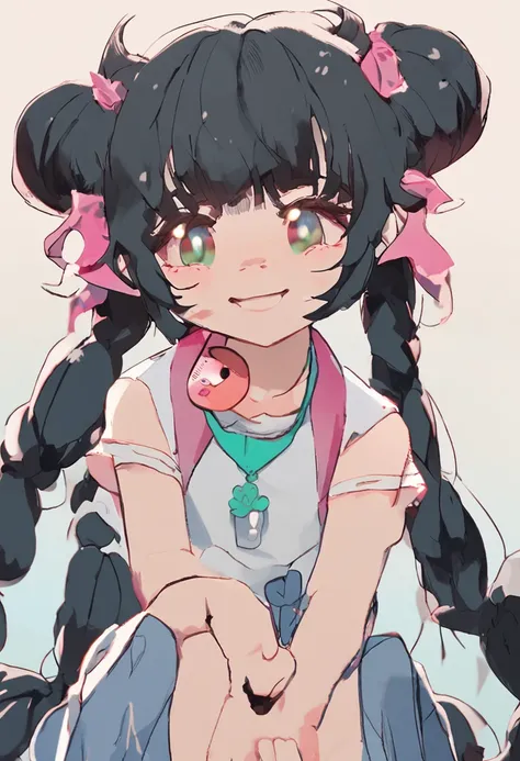 black hair, hair bobbles, wince, longeyelashes, solid circle eyes, fake animal ears, light smile, ear blush, fang, Surrealism, drop shadow, anaglyph, stereogram, tachi-e, pov, atmospheric perspective, 8k, super detail, ccurate, best quality