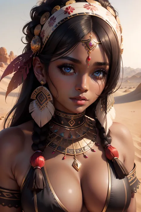 perfect eyes, perfect face, perfect lighting, photoshoot, 1girl, mature female wearing SSAHC, SSAHC, dark-skinned, colorful tribal dress, headdress, thick eyelashes, makeup, eyeshadow, medium hair, oasis, desert detailed outdoor background, ultra realistic