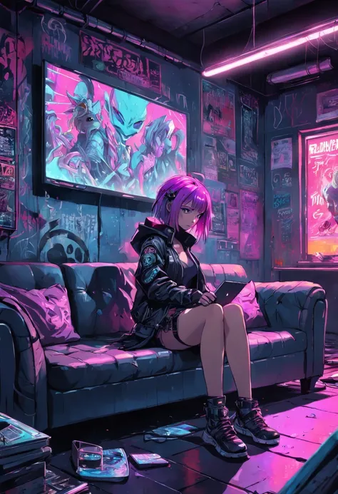 Graphic novel illustration, In the cyberpunk basement, Cyberpunk era, Dark and underground, Poor neon lighting. It has a shabby leather sofa and a table, A girl uses a laptop. Cyberpunk graffiti and punk band poster on the wall, dystopian, illuminations, V...