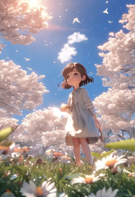 official art, extremely detailed CG unity 8k wallpaper, in spring, cloudy, sun, sky, in a meadow, beautiful detailed sky, landscape, flower field, artbook, Chinese, incredibly_absurdres, huge_filesize, absurdres, little boy, little girl, chibi, medium hair...