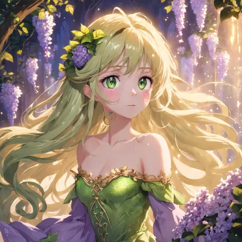 Flower Princess, Rapunzel, Beautiful, Glowing yellow glow, Long blonde hair, Green eyes, Lilac flower dress, Green ivy, Nice young face, Soft white skin, Naked，Love eyes，Enchanting pose，Ternary color, Fantastical, intricately details, Splash screen, Comple...