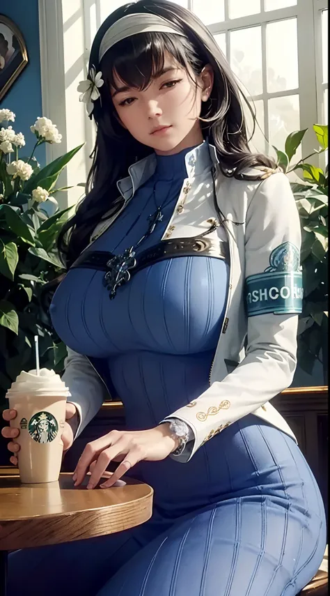 (((beautiful))),mary,blue sweater, white jacket, cropped jacket, long sleeves, open clothes, ribbed sweater, armband, huge breasts,(((shiny skin))), ((intricate details)), hdr, ((intricate details, hyperdetailed)), cinematic shot, sitting in cafe , drinkin...